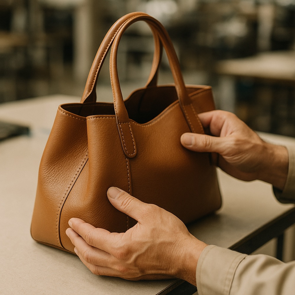 Quality inspection of a leather handbag at a factory workbench