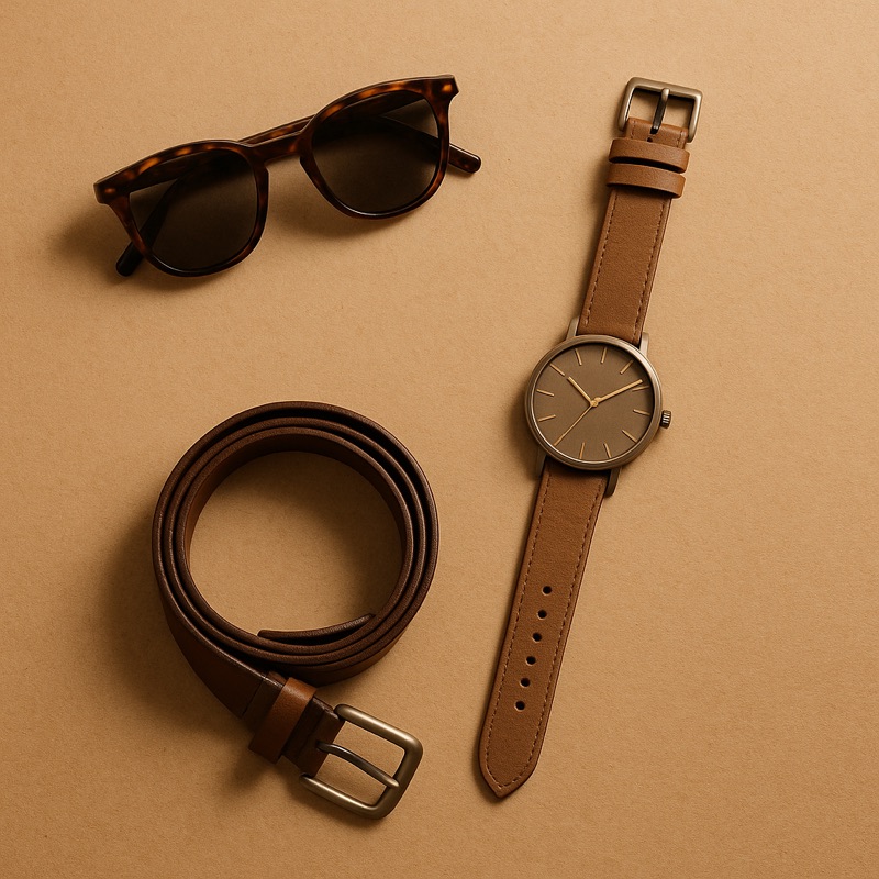 Sunglasses, a watch and a leather belt